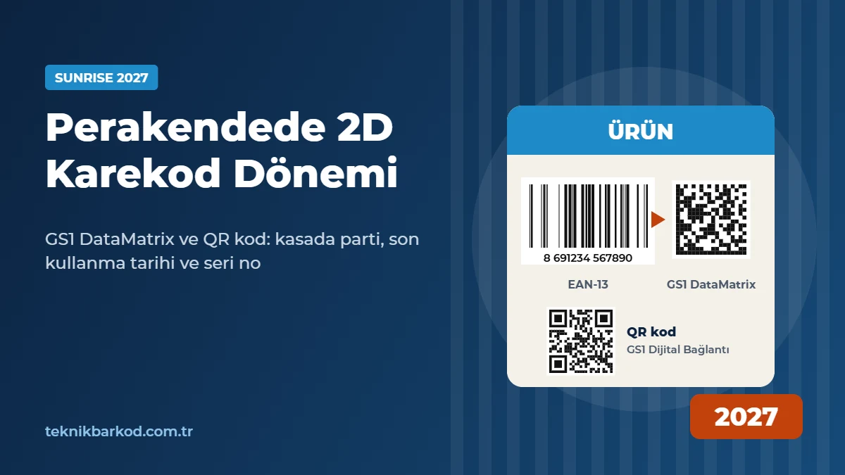 Ürün ambalajında EAN-13 barkodun yanında GS1 DataMatrix ve QR kod: Sunrise 2027 geçişi