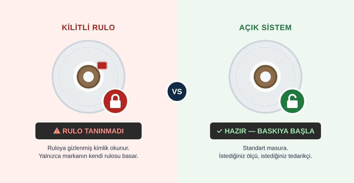 Kilitli rulo ve açık sistem karşılaştırması: kilitli ruloda rulo tanınmadı uyarısı, açık sistemde her standart rulo baskıya hazır