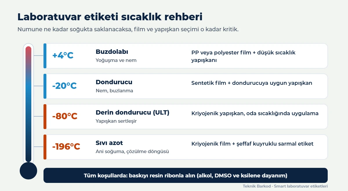 Laboratuvar etiketi sıcaklık rehberi: +4°C, -20°C, -80°C ve -196°C sıvı azot için etiket yapısı