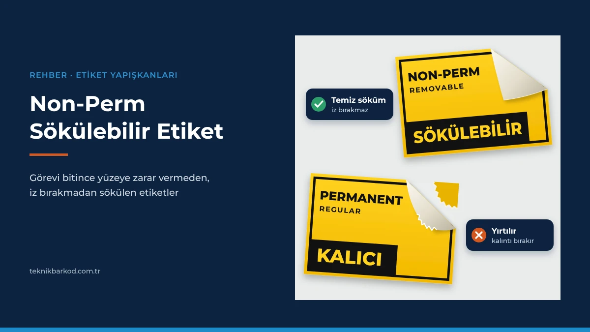 Sökülebilir (non-perm, removable) etiket ile kalıcı (permanent) etiketin söküm farkı: biri temiz çıkıyor, diğeri yırtılıp yüzeyde kalıntı bırakıyor
