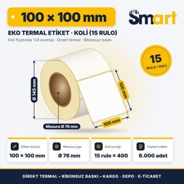 Smart Eko Termal Barkod Etiketi 100X100mm Koli (15 Rulo)